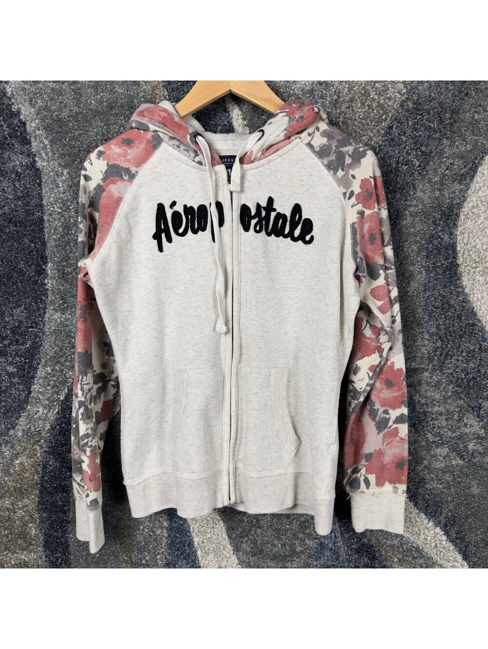 Aeropostale Zip Hoodie Womens M Floral Oatmeal Y2K Style